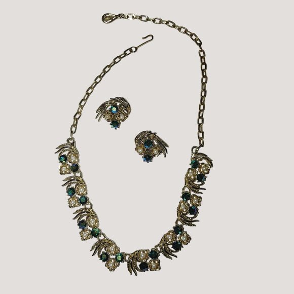 Coro Gold Tone AB Necklace Clip On Earrings Vintage Set Faux Pearls Blue Green - Picture 2 of 10